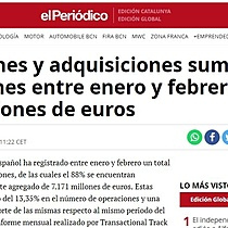 Las fusiones y adquisiciones suman 318 operaciones entre enero y febrero por 7.171 millones de euros